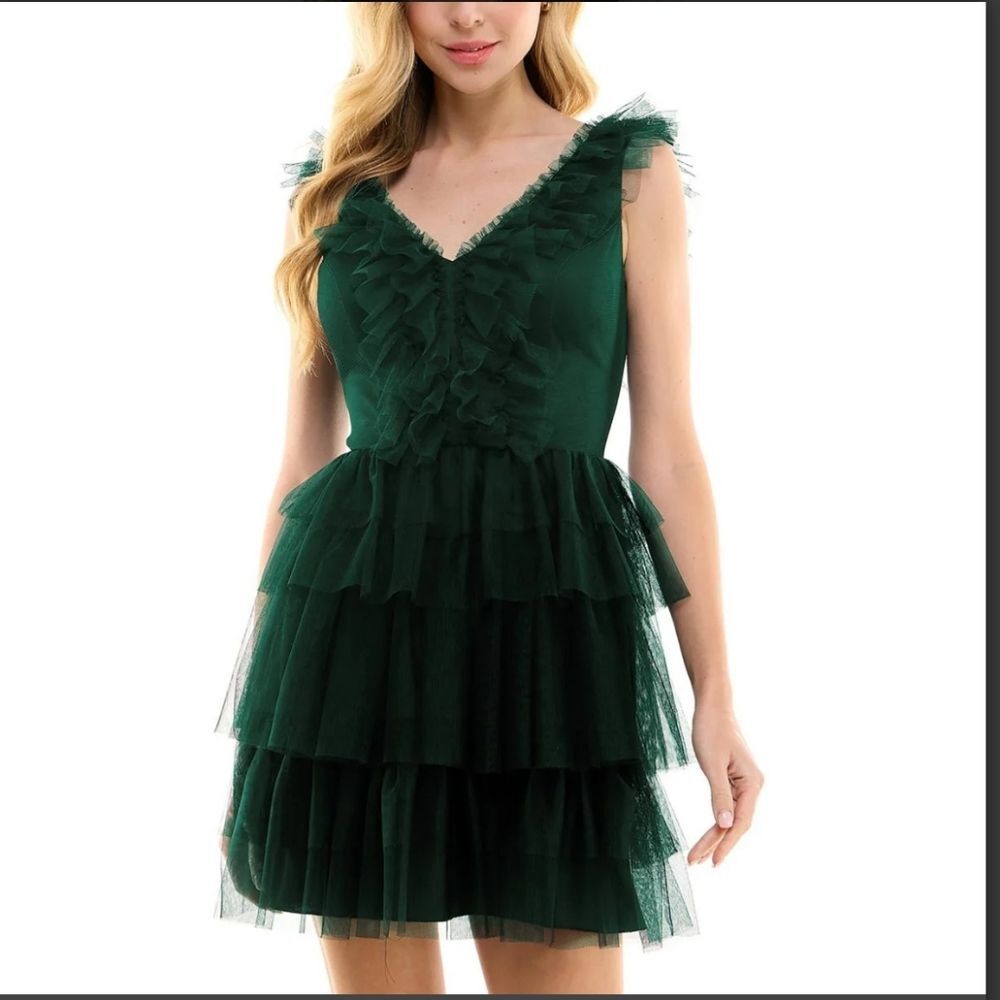 NWT City Studio Size 11 Tulle Tiered Fit Flare Pine Green Dress Holiday Bu-3015